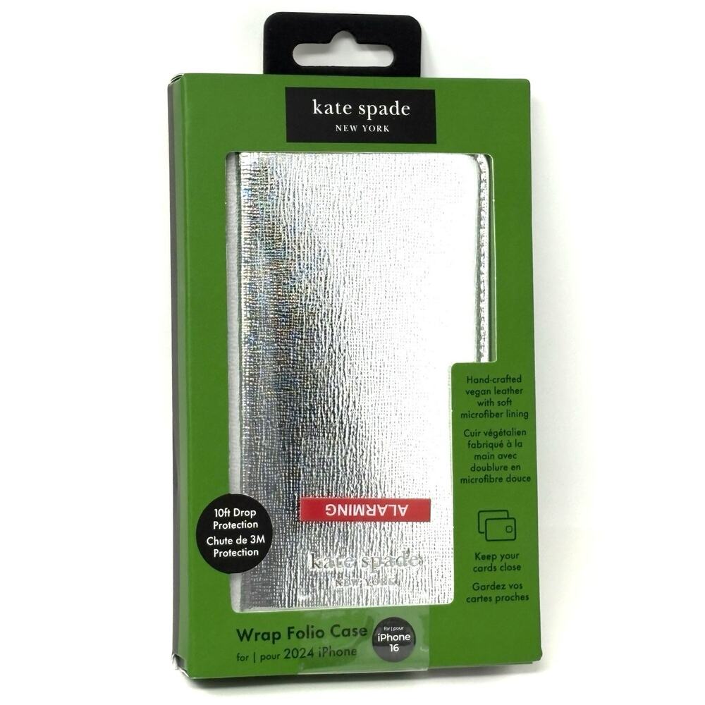 Kate Spade Wrap Folio Wallet Case iPhone 16 Compatible Metallic Silver NIB Shiny